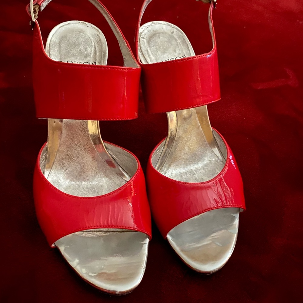 Red shiny heels with silver heel by Danton